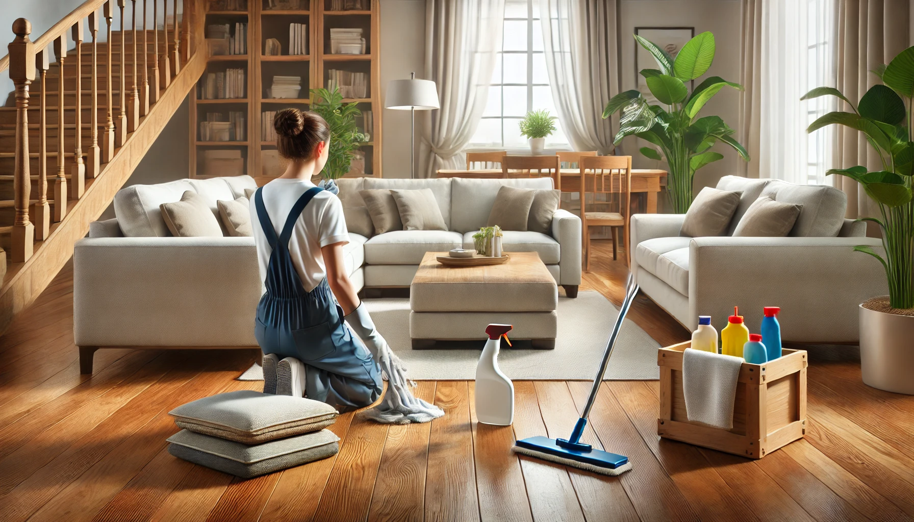 A realistic image of a clean and organized living room with a professional cleaner carefully maintaining furniture and surfaces. The scene shows polis