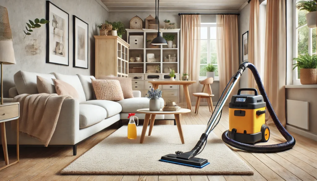 A realistic image of a cozy and clean living room with a professional cleaner using advanced equipment to deep clean a carpet. The space looks fresh a