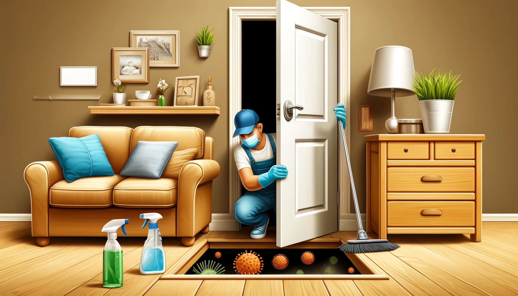 A realistic image of hidden dirt and germs being addressed in a home. A professional cleaner is cleaning under furniture and sanitizing high-touch sur