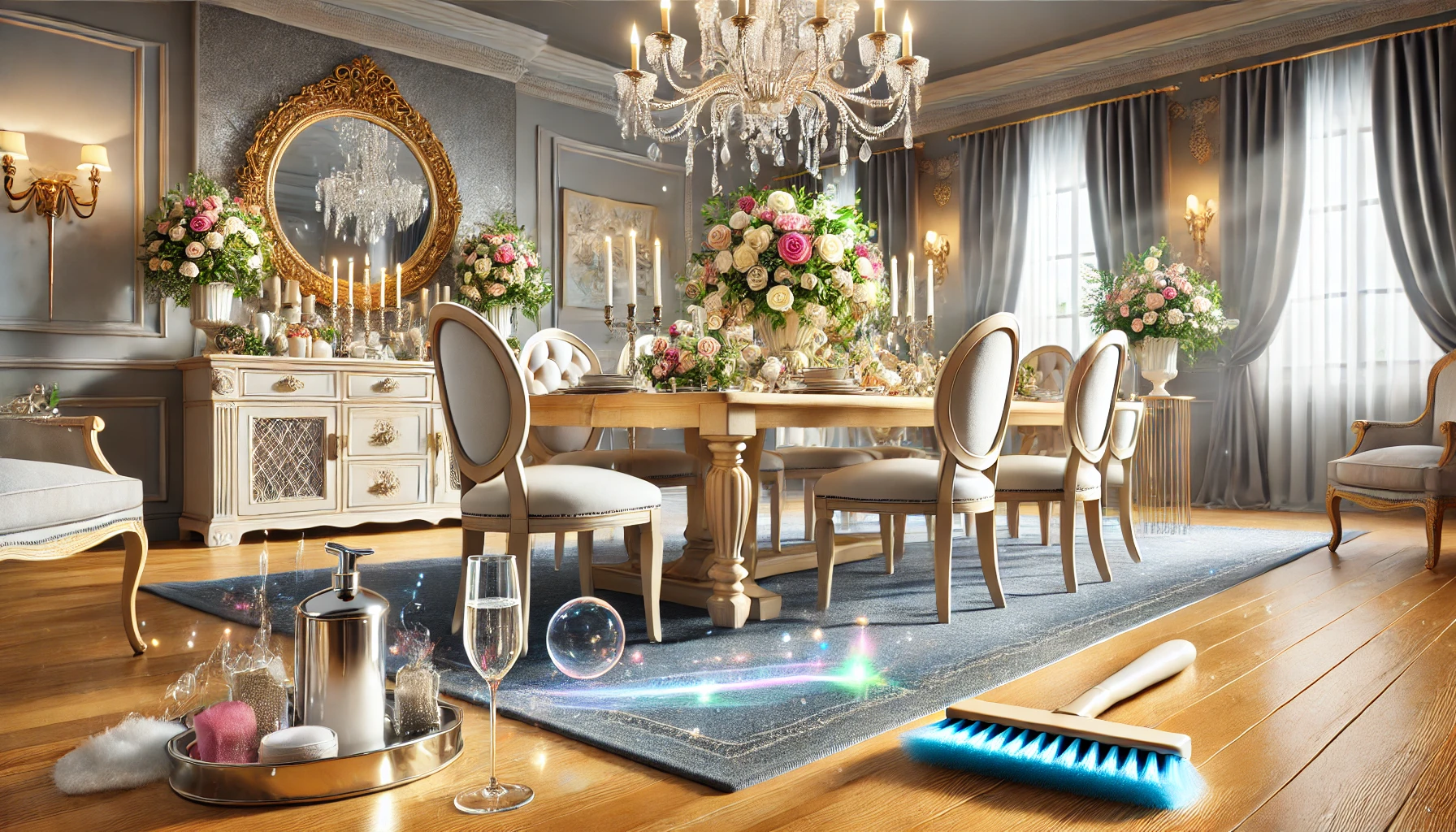 A realistic image showing a beautifully clean and organized home ready for a special event. The scene includes a sparkling dining table set with decor