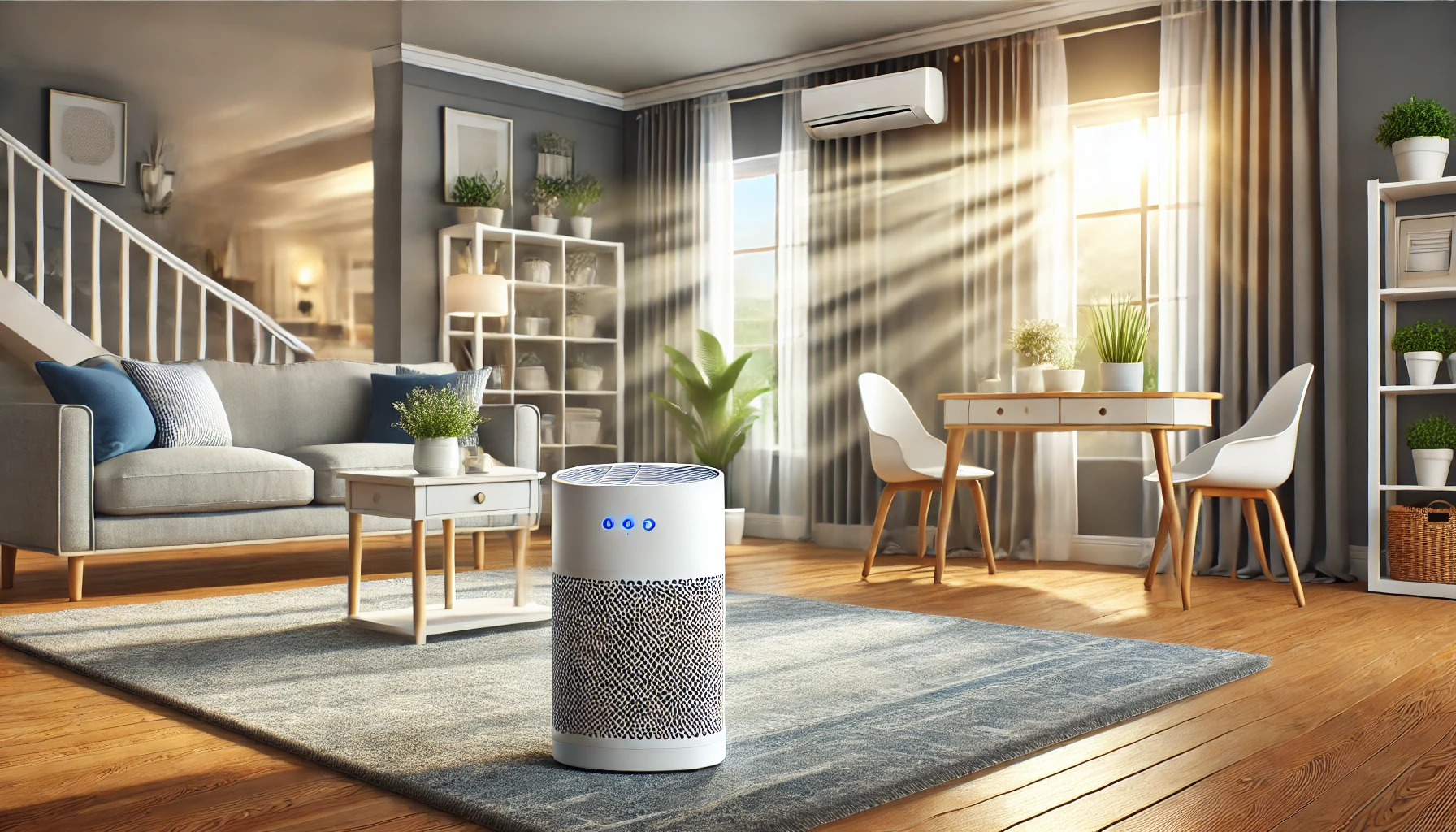 A realistic image showing a home setting with improved indoor air quality after a deep clean. The scene includes an air purifier, a clean carpet, and