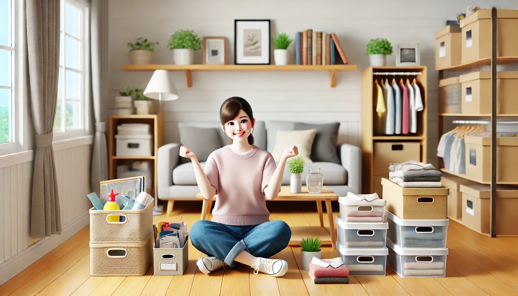 A realistic image showing a homeowner happily decluttering and organizing their living space. The scene includes neatly arranged items, storage basket
