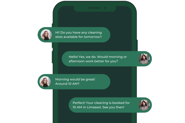 WhatsApp chat confirming a cleaning service booking in Limassol