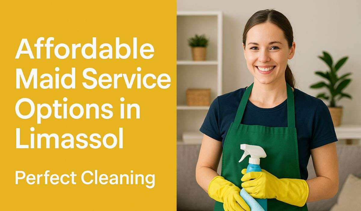 Smiling cleaning professional from Perfect Cleaning in Limassol wearing gloves and apron, promoting affordable maid service options