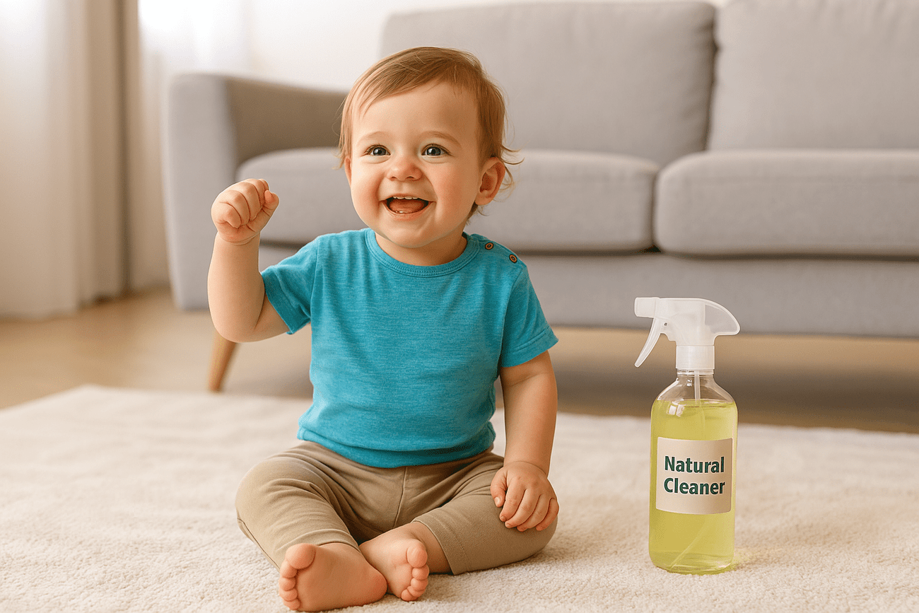 A happy baby sitting on the floor with a bottle of natural cleaner next to them, emphasizing the importance of safe and natural cleaning products.