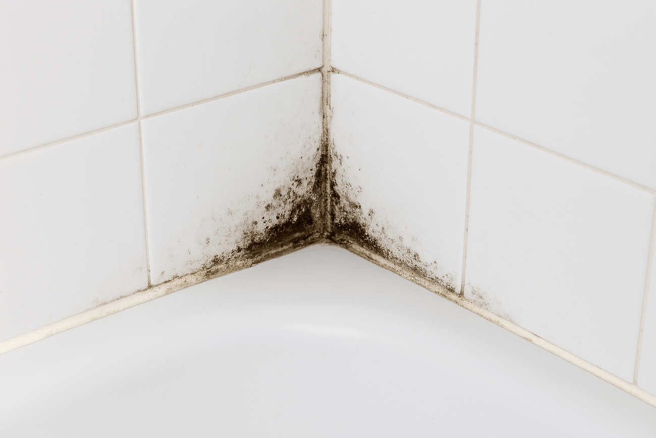 Close-up view of mold in the corner of a bathroom tile. A reminder of the importance of regular cleaning.