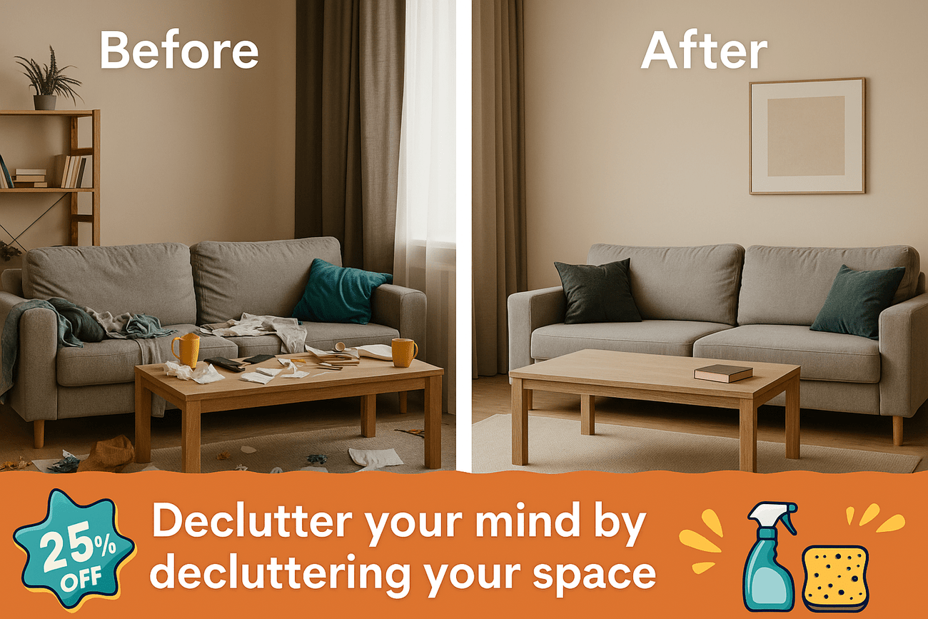 Before and after of a living room decluttering: Messy living room on the left, tidy space on the right with a 25% off offer for cleaning services.