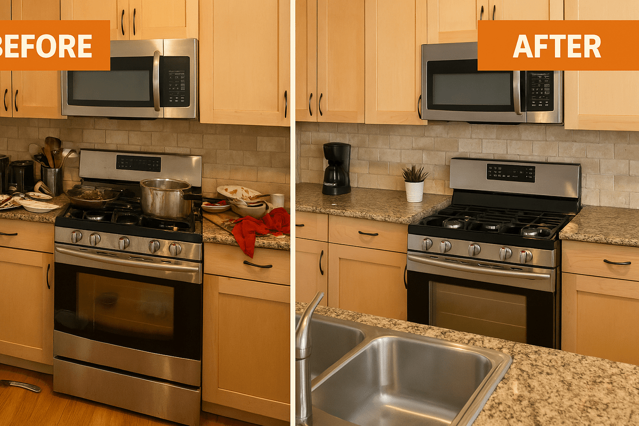 Before and after of a kitchen cleaning: Messy kitchen on the left, sparkling clean kitchen on the right.